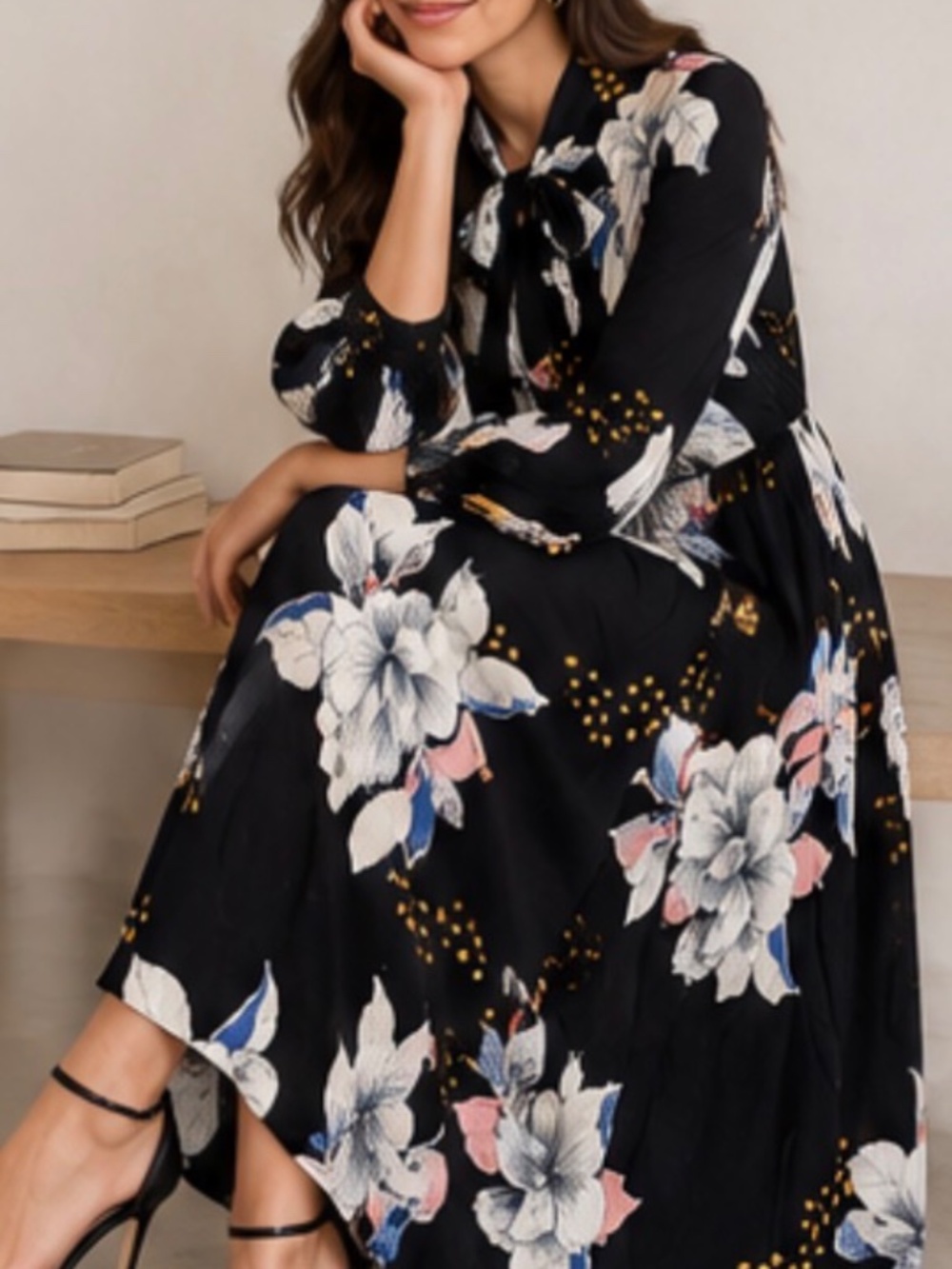 BURU Black Floral Maxi Dress Tie Neck Button Front Long Sleeve Statement - Picture 3 of 10